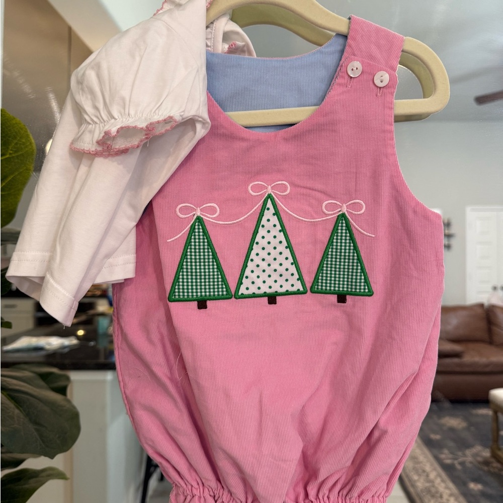 Pink Romper with Christmas Tree Embroidery